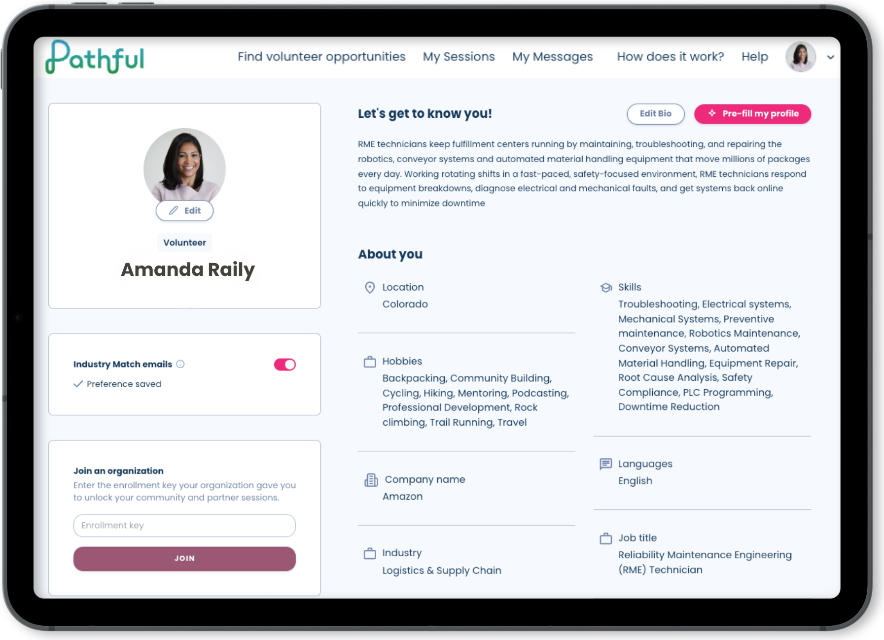 Volunteer profile screen in Pathful